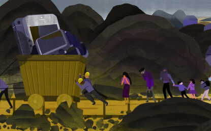 Color illustration of a rare earths mine, with people looking distressed.