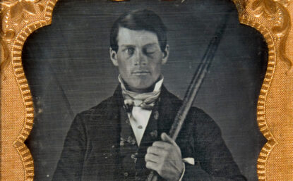 A portrait of Phineas Gage holding a piece of iron.